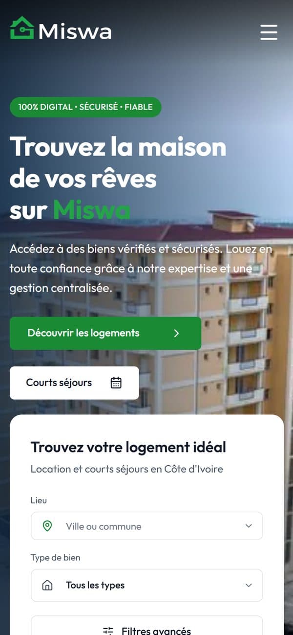 Miswa sur téléphone : recherche d’un logement par lieu et type de bien